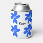 Blauw bloemmotief waterverf naamtekst toevoegen blikjeskoeler (Blikje Achterkant)