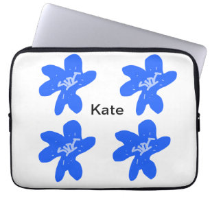 Blauw bloemmotief waterverf naamtekst toevoegen laptop sleeve