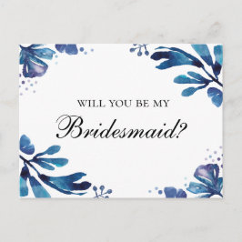 Blauw bloemmotief Wil je mijn bruidsmeisje zijn. N Uitnodiging Briefkaart
