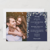 Blauw Bloemmotief Wilde Bloemen Foto Bruiloft Kaart (Voorkant)