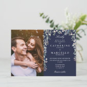 Blauw Bloemmotief Wilde Bloemen Foto Bruiloft Kaart (Staand voorkant)