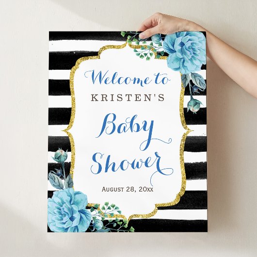 Blauw bloemmotief zwart wit gestreepte baby shower poster