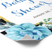 Blauw bloemmotief zwart wit gestreepte baby shower poster (Hoek)
