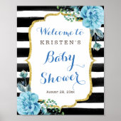 Blauw bloemmotief zwart wit gestreepte baby shower poster (Voorkant)