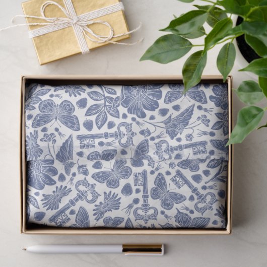 Blauw bloemontwerp met vogels en vlinders tissuepapier (Geschenk)