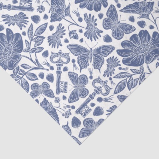 Blauw bloemontwerp met vogels en vlinders tissuepapier (Detail)