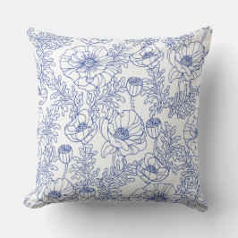 Blauw Bloempatroon - Delicate Line Art Fabric Kussen
