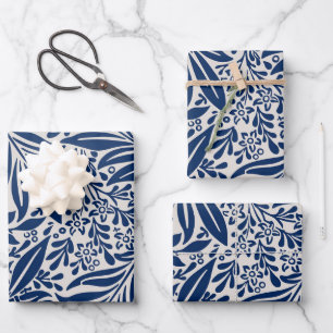 blauw bloempatroon met diverse bladeren & bloesems inpakpapier vel