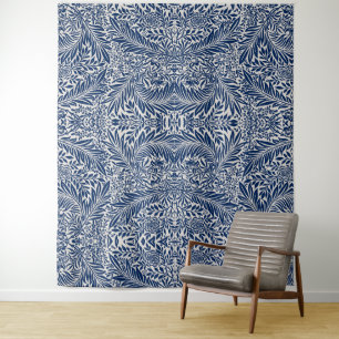 blauw bloempatroon met diverse bladeren & bloesems wandkleed