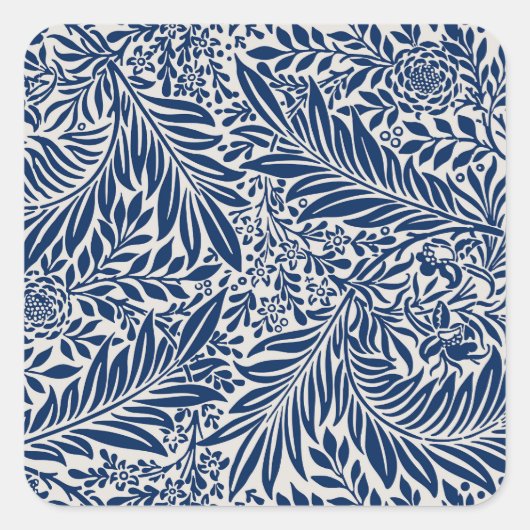 blauw bloempatroon met diverse bladeren en bloesem vierkante sticker (Voorkant)