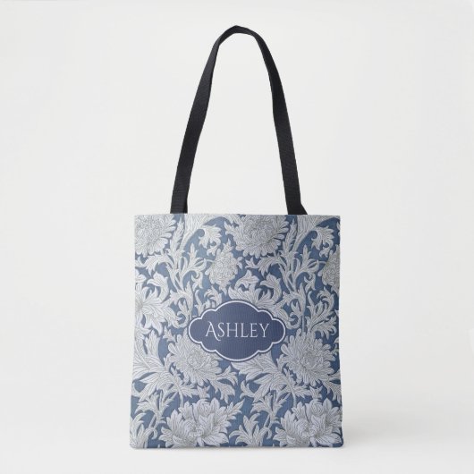  Blauw Bloempatroon met Monogram Tote Bag (Voorkant)