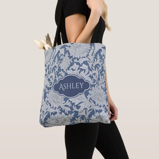  Blauw Bloempatroon met Monogram Tote Bag (Dichtbij)