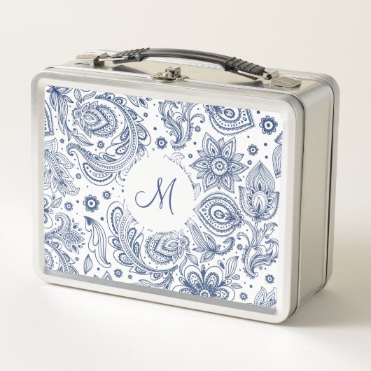 Blauw  Bloempatroon Monogram Lunchbox (Voorkant)
