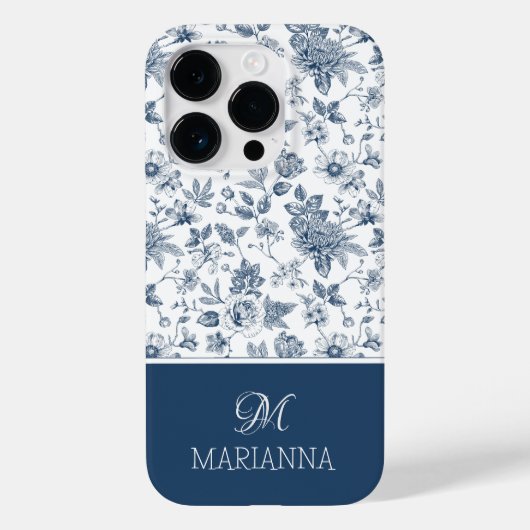 Blauw Bloempatroon & Naam Gepersonaliseerd Case-Mate iPhone Case (Achterkant)