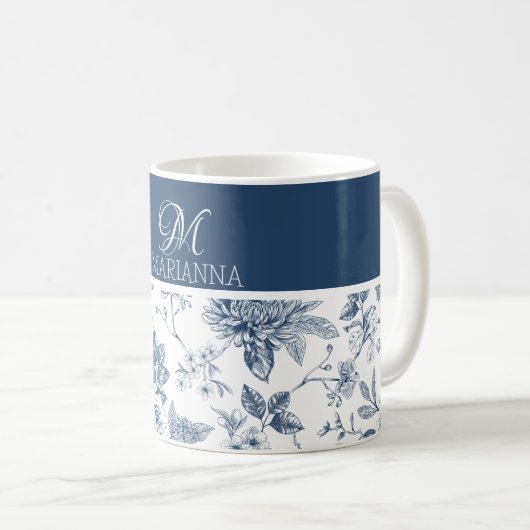 Blauw Bloempatroon & Naam Gepersonaliseerd Koffiemok (Voorkant rechts)