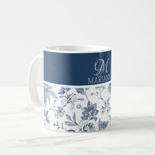 Blauw Bloempatroon & Naam Gepersonaliseerd Koffiemok (Voorkant links)