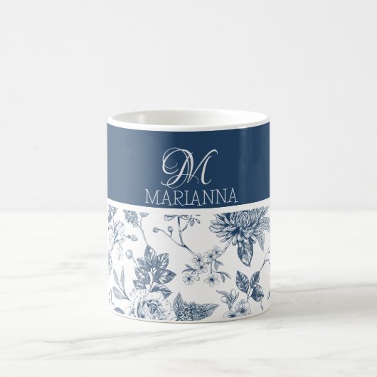 Blauw Bloempatroon & Naam Gepersonaliseerd Koffiemok (Center)