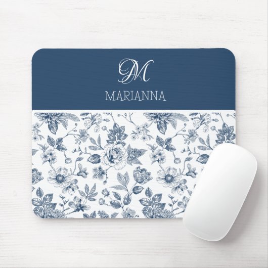 Blauw Bloempatroon & Naam Gepersonaliseerd Muismat (Met muis)