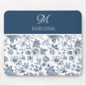 Blauw Bloempatroon & Naam Gepersonaliseerd Muismat (Voorkant)