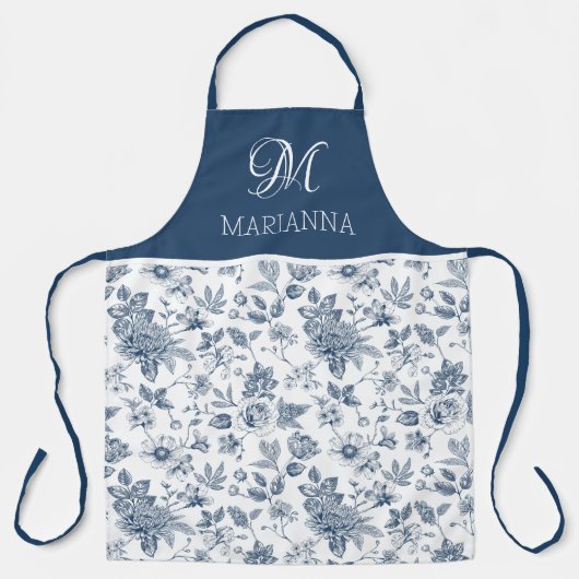 Blauw Bloempatroon & Naam Gepersonaliseerd Schort (Voorkant)
