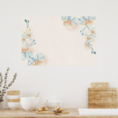 Blauw bloempatroon op beige achtergrond poster (Keuken)