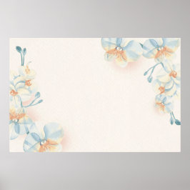 Blauw bloempatroon op beige achtergrond poster