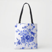  blauw bloempatroon tote bag (Voorkant)
