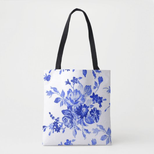  blauw bloempatroon tote bag (Voorkant)