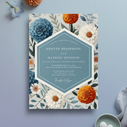 Blauw Bloemrijk Botanisch Romantisch Huwelijk Kaart
