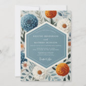 Blauw Bloemrijk Botanisch Romantisch Huwelijk Kaart (Voorkant)