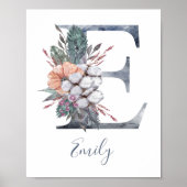 Blauw Bloemschilderij met Monogram E Achternaam Poster (Voorkant)