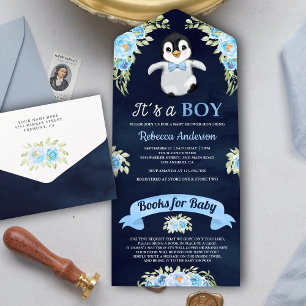 Blauw Bloemschildering Pinguïn Navy Baby Shower All In One Uitnodiging