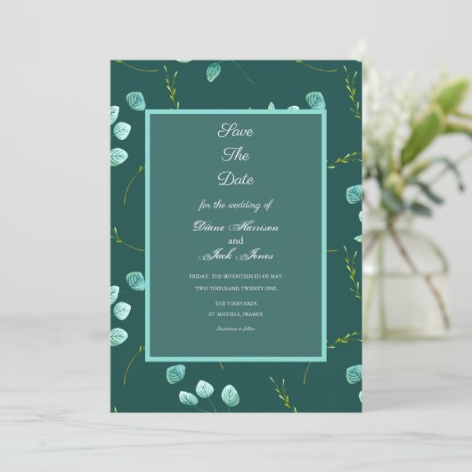 Blauw Bloemschildering Stengels Trouwen Datum Besp Kaart (Staand voorkant)