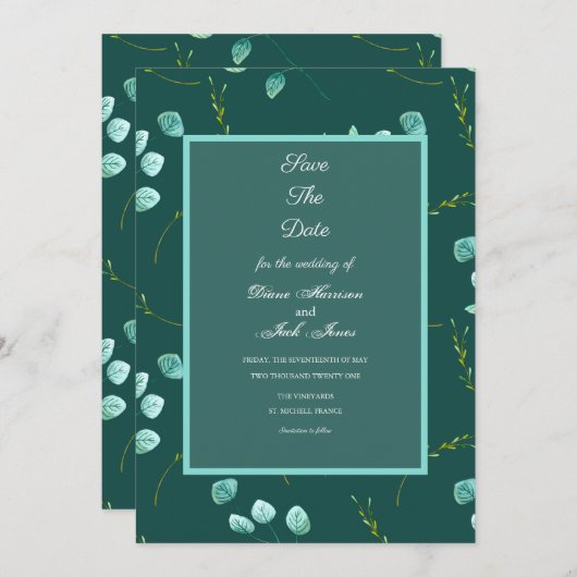 Blauw Bloemschildering Stengels Trouwen Datum Besp Kaart (Voorkant / Achterkant)