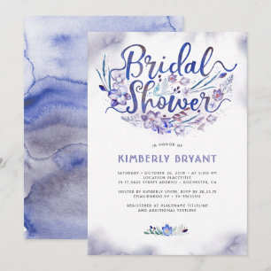 Blauw Bloemschriftschrift Waterverf Bruiloftsfeest Kaart