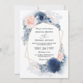 Blauw Bloemstof Budget QR Code Huwelijk Kaart (Voorkant)