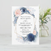 Blauw Bloemstof Budget QR Code Huwelijk Kaart (Staand voorkant)