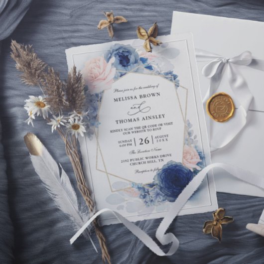 Blauw Bloemstof Budget QR Code Huwelijk Kaart