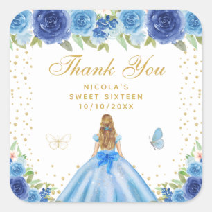 Blauw Bloemstuk Blond Haar Prinses Sweet Sixteen Vierkante Sticker