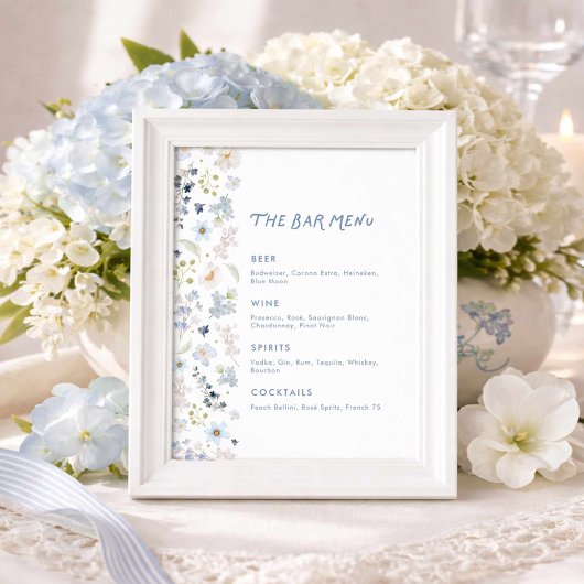 Blauw Bloemstuk Bruids-Shower Bar Menu Poster