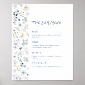Blauw Bloemstuk Bruids-Shower Bar Menu Poster (Voorkant)