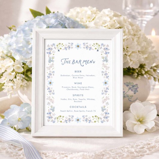 Blauw Bloemstuk Bruiloft Bar Menu Poster