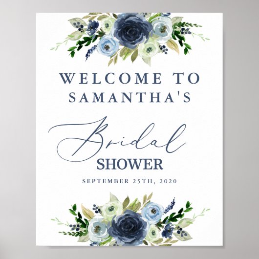 Blauw bloemstuk bruiloft feest welkom bord poster (Voorkant)
