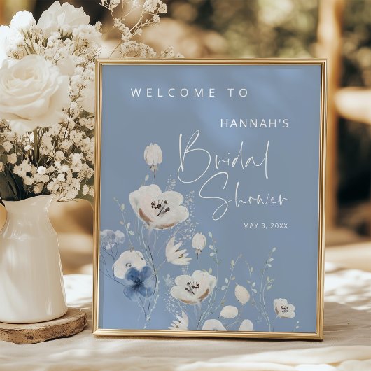 Blauw bloemstuk bruiloft feest welkom bord poster