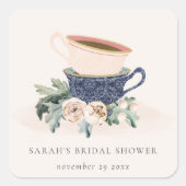 Blauw bloemstuk bruiloft theekransje vierkante sticker (Voorkant)