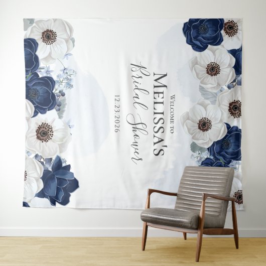 Blauw Bloemstuk Bruiloftsfeest Waterverf Wandkleed (In Situ (horizontaal))