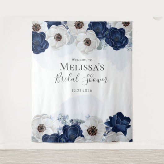 Blauw Bloemstuk Bruiloftsfeest Waterverf Wandkleed (Voorkant)