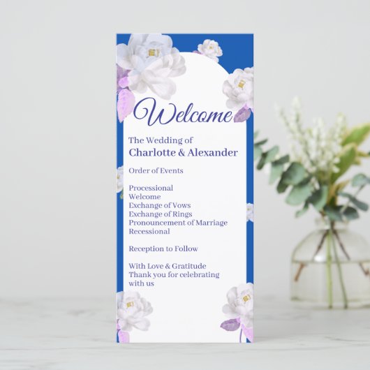 Blauw Bloemstuk Bruiloftsprogramma (Staand voorkant)