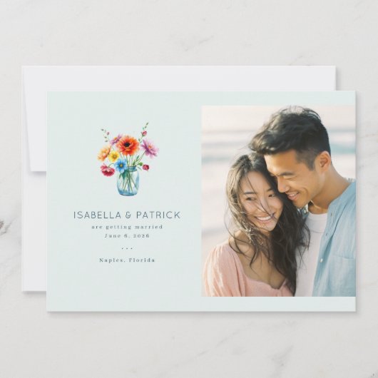Blauw Bloemstuk Foto Save The Date (Voorkant)