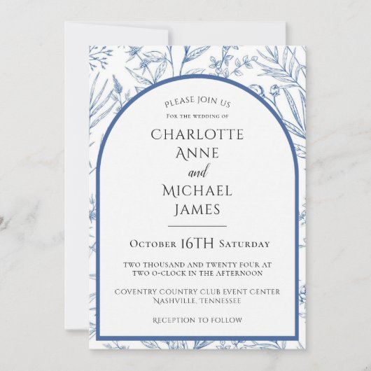 Blauw Bloemstuk Frame Watercolor Trouw Uitnodiging (Voorkant)